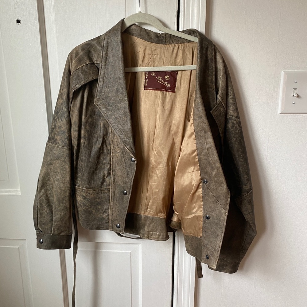 Faux-leather distressed biker jacket with waist tie